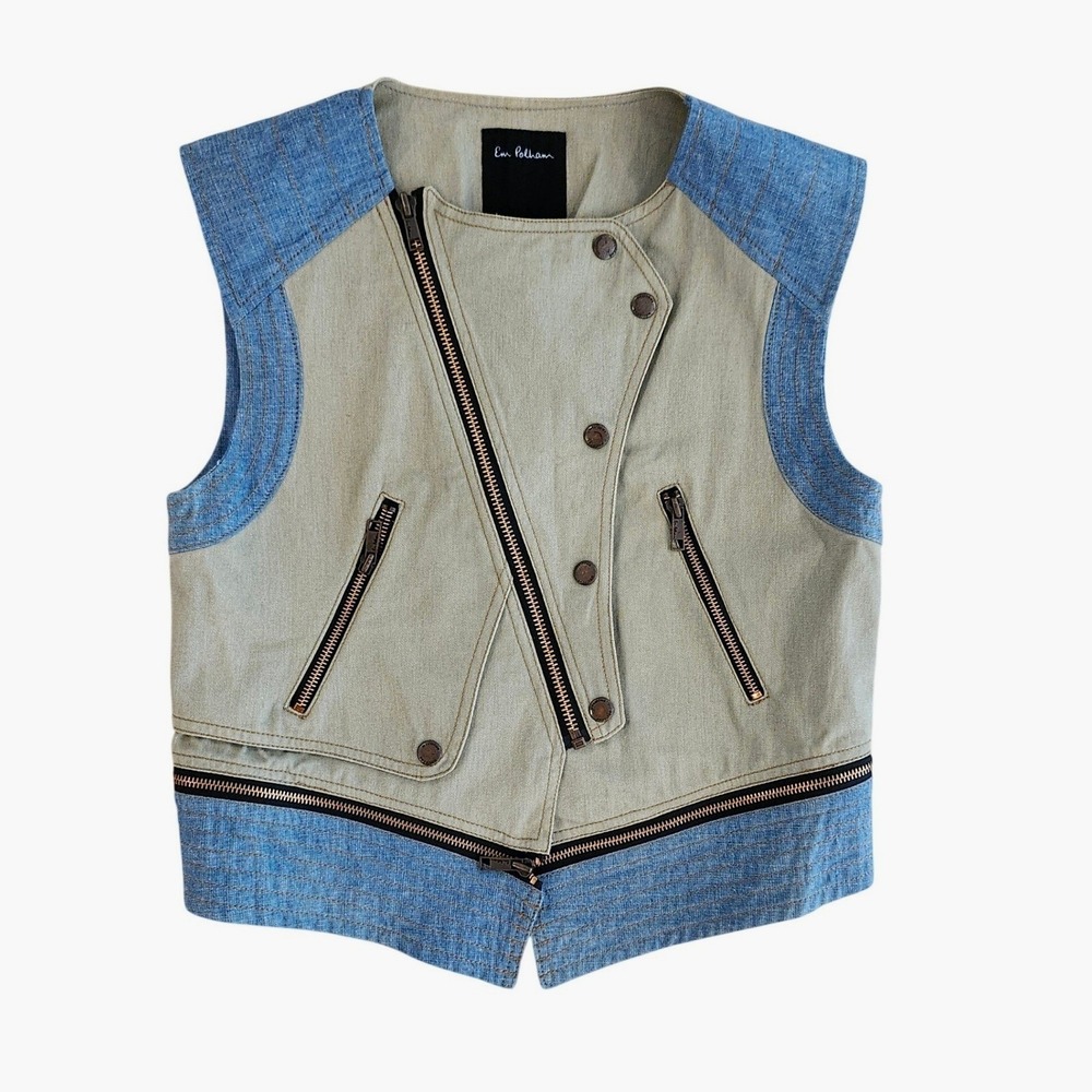 Em Polham Womens Biker Cotton Vest Khaki Blue Denim Colorblock Small S NWOT